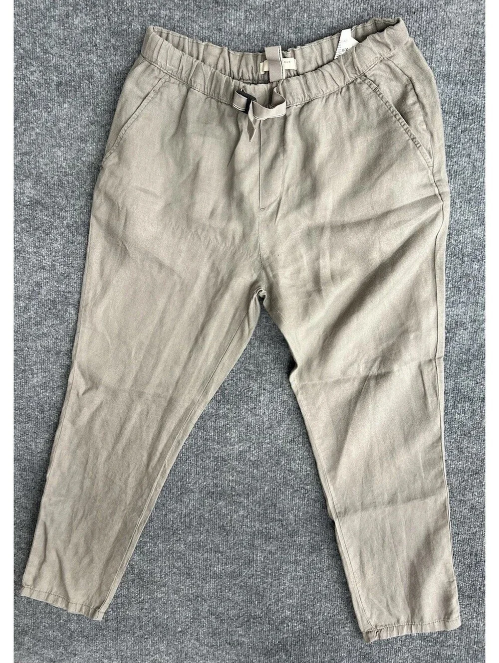 Rich Famous Khaki Chino Linen Pants Mens 33 Tapered Leg Taupe Gray.